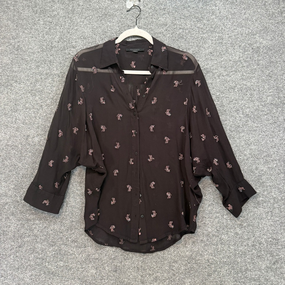 AllSaints Shirt Women 8 Black Beaded Blouse Embroidered‎ Sheer Relaxed Luxury